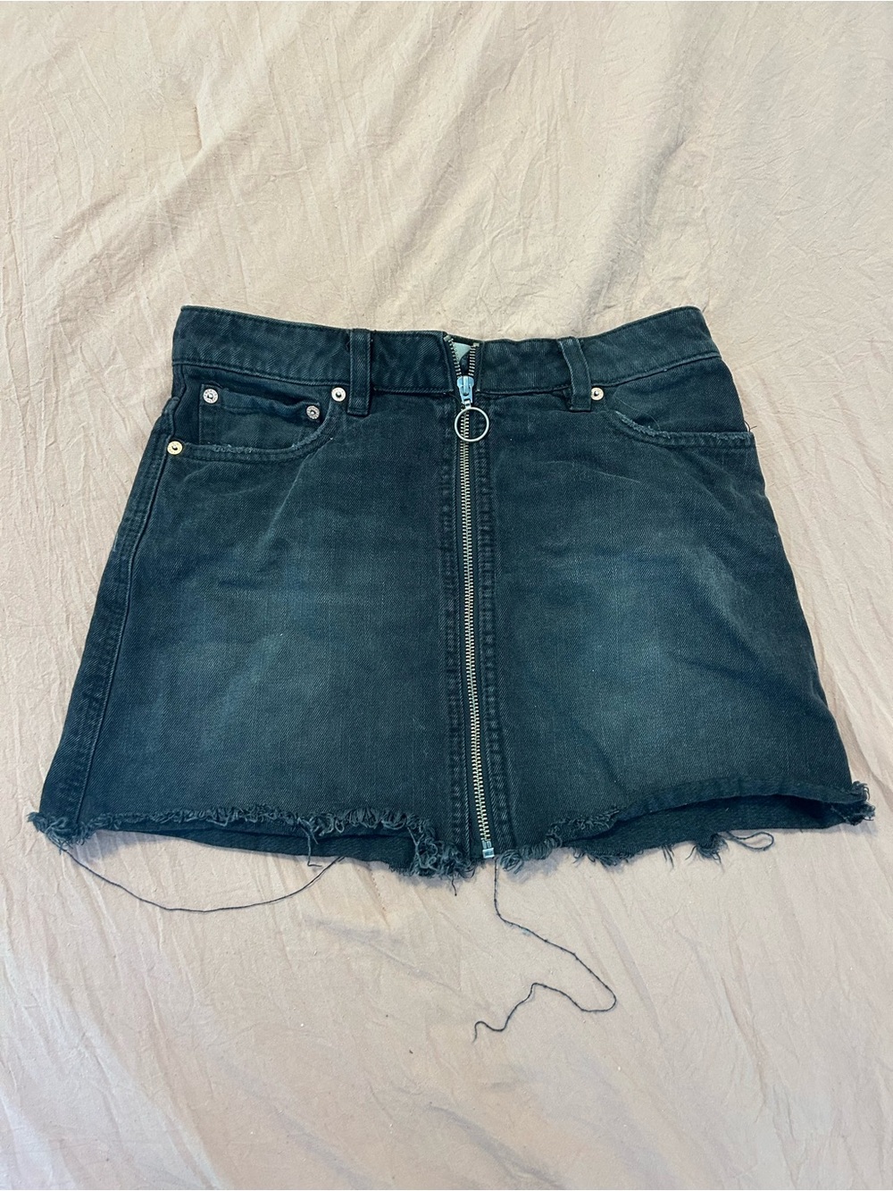 Free People We the Free Black Front-Zip Denim Mini Skirt